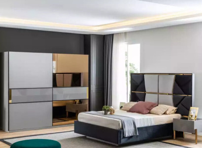 Perfektes Schlafzimmermöbel-Set in Grautönen mit goldenen Intarsien